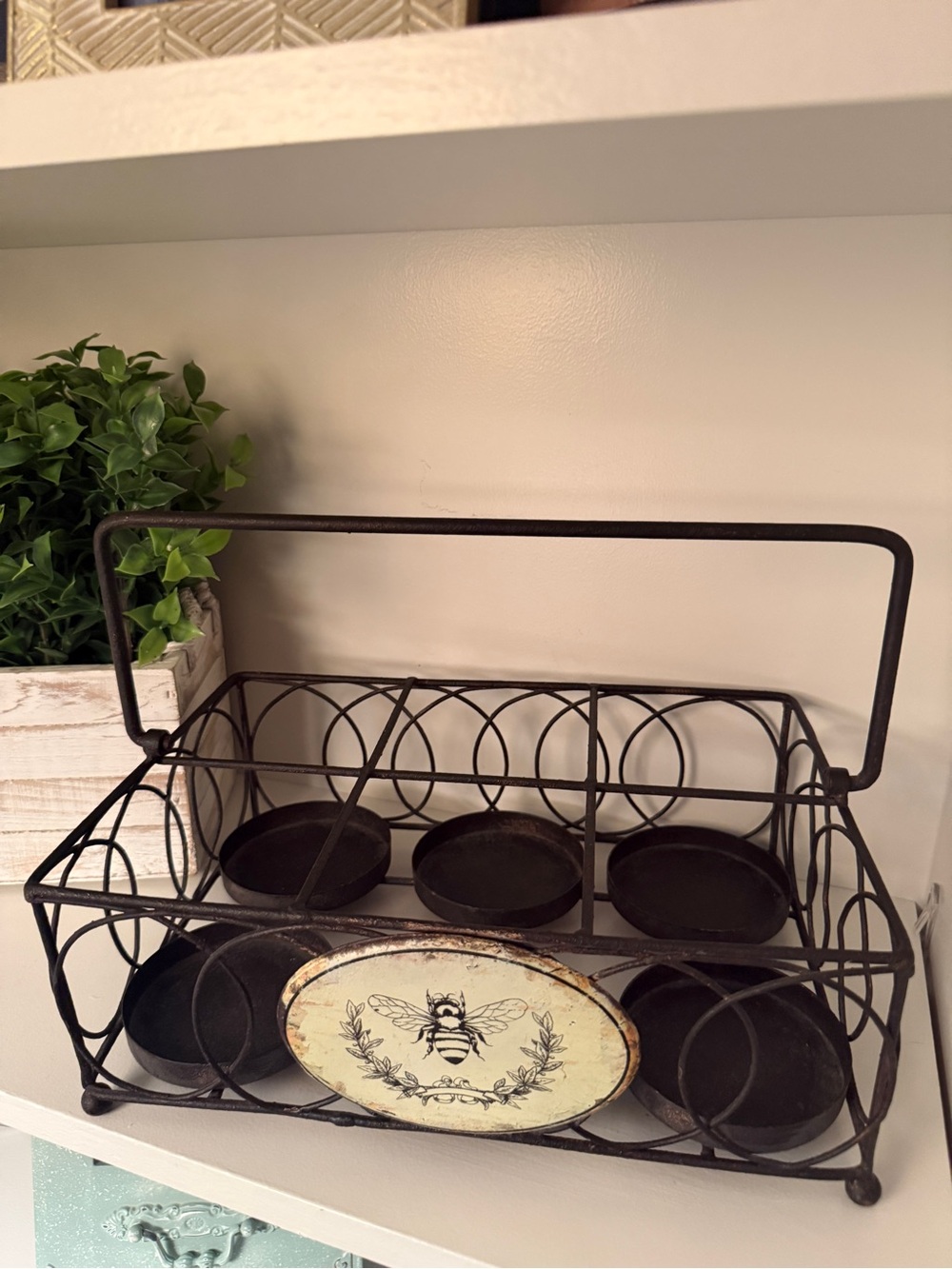 Rustic Bee Metal 6 Jar Caddy Basket Farmhouse French Country Decor